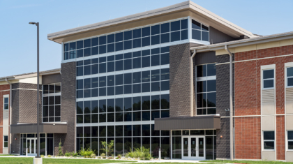 A photo of the front entrance of Greene County Career Center, one of our largest educational construction projects