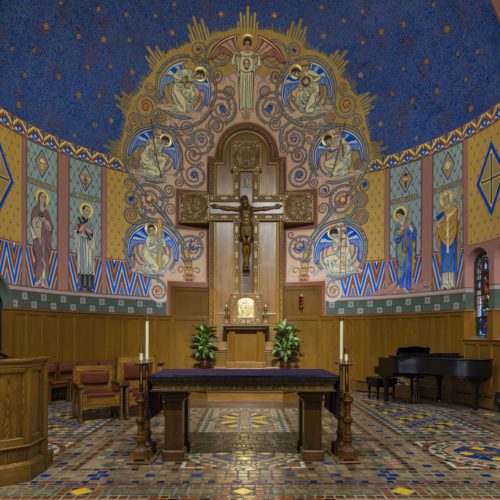 A panoramic view of St. Aloysius Catholic Church's historic mural, which was restored with the support of Miller Diversified Construction