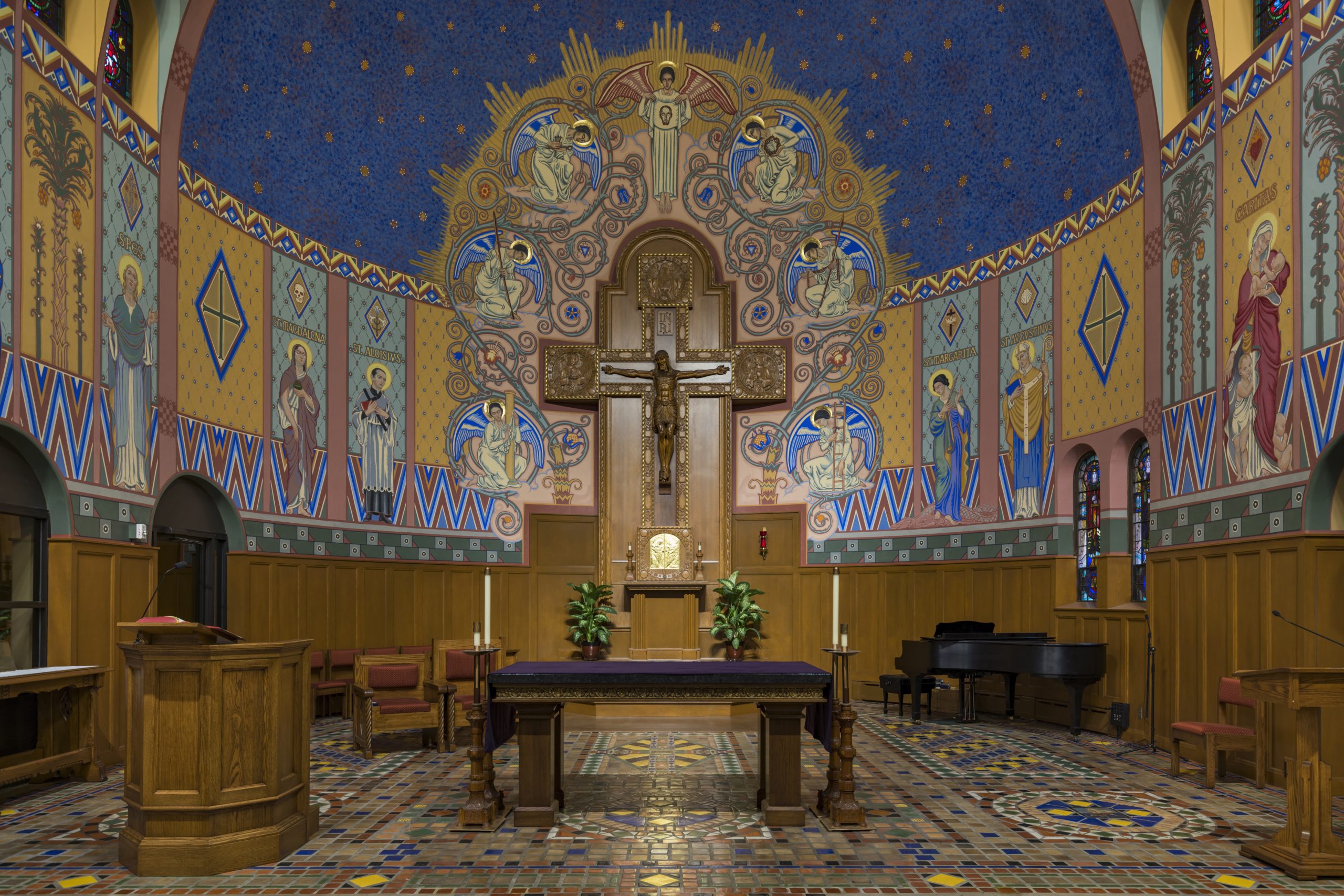 A panoramic view of St. Aloysius Catholic Church's historic mural, which was restored with the support of Miller Diversified Construction