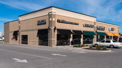 The front angle of a retail commercial construction project, the Shops at Westgate by Miller Diversified
