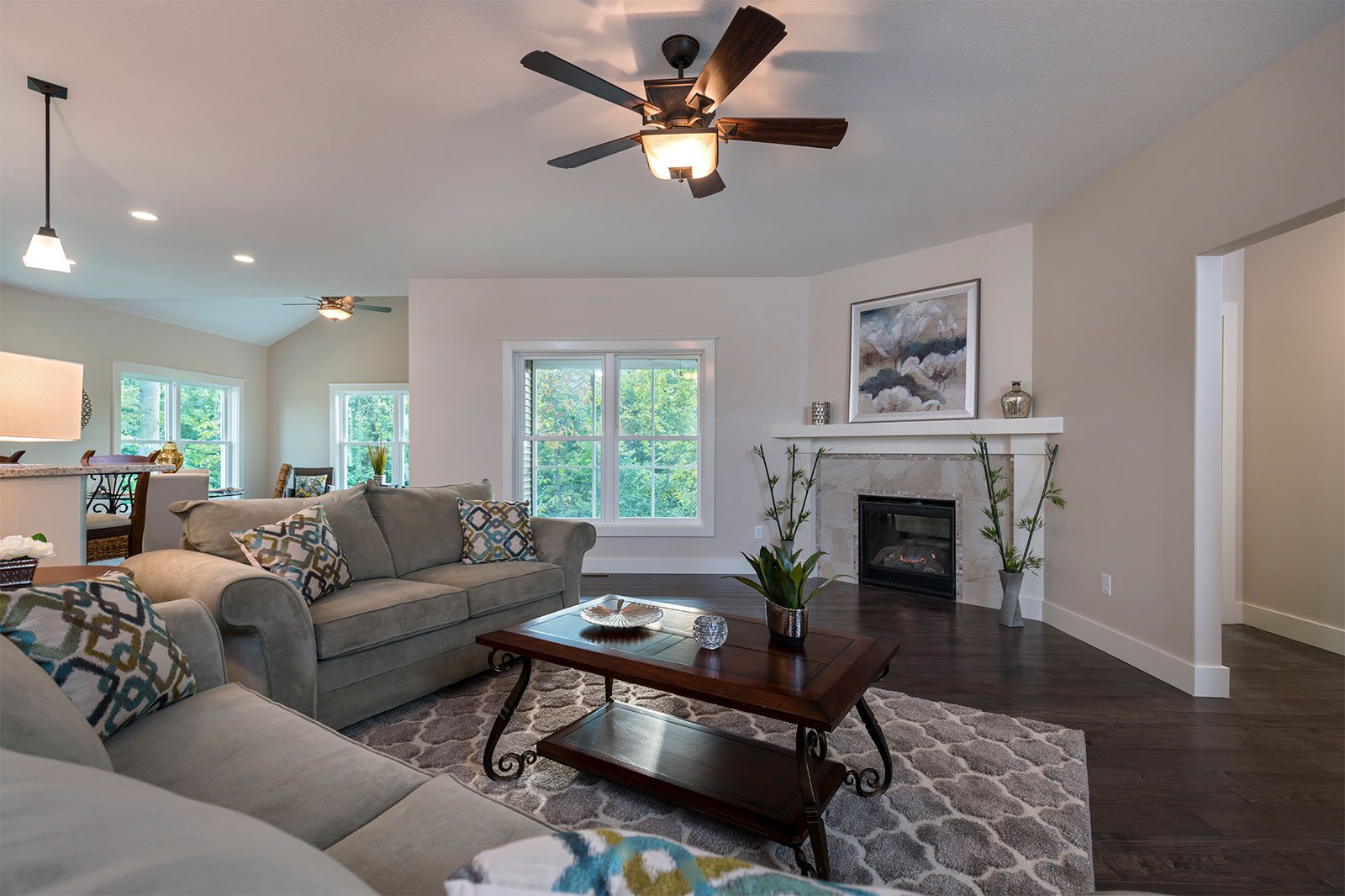 The living room in a luxury home from the Villas at Blystone in Monclova, Ohio, constructed by the team at Miller Diversified