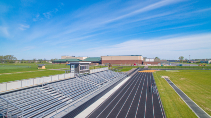 Aerial view of the track and bleachers from the Perrysburg High School Track Commercial Construction Project